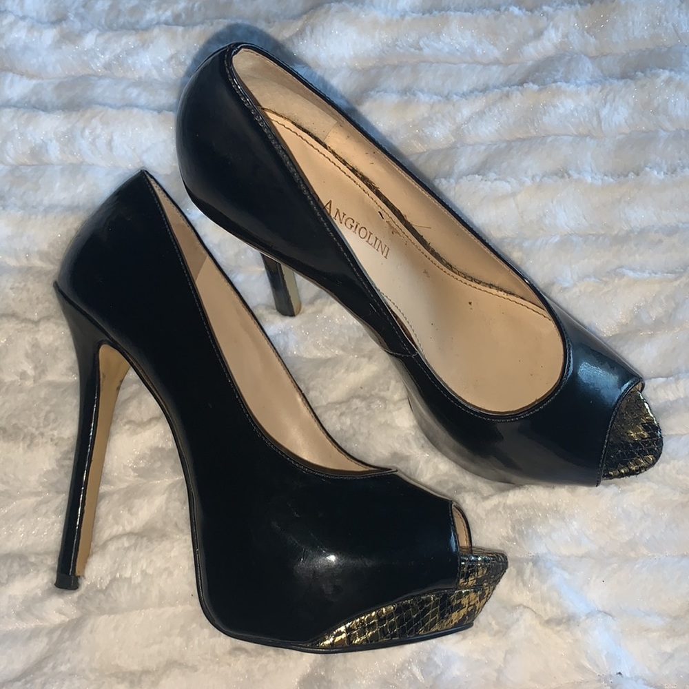 Enzo Angiolini Black & Snakeskin Peep Toe Stilleto Heel Pumps